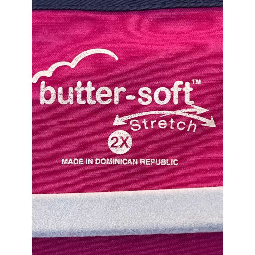 Butter-Soft Stretch Womens Scrub Top Pink Navy Trim V-Neck 2X Medical Uniform - Picture 4 of 12